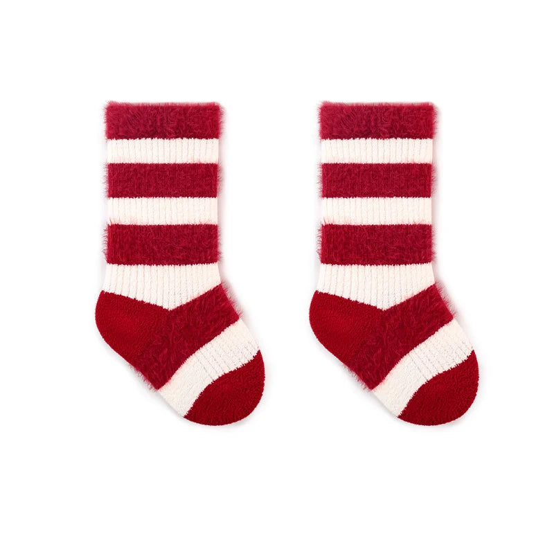 Red-and-white striped socks with red heels and toes.