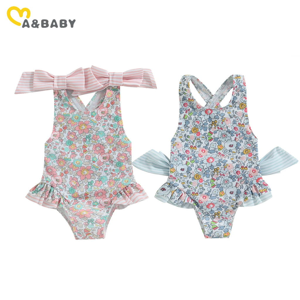 Floral Bow Backless Swimsuit in Pink and Blue for Toddlers