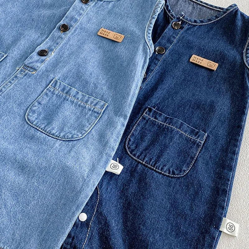 Close-up of soft denim romper fabric and design details