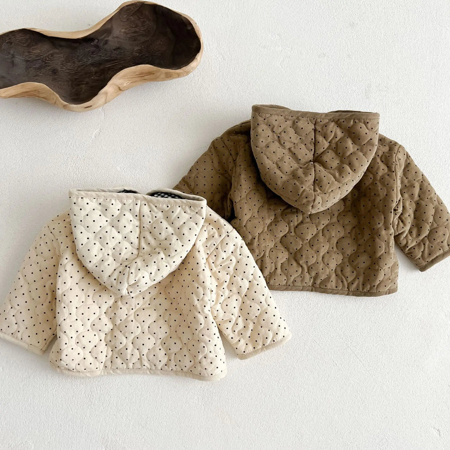 Polka Dot Corduroy Hooded Coat in Apricot color for babies