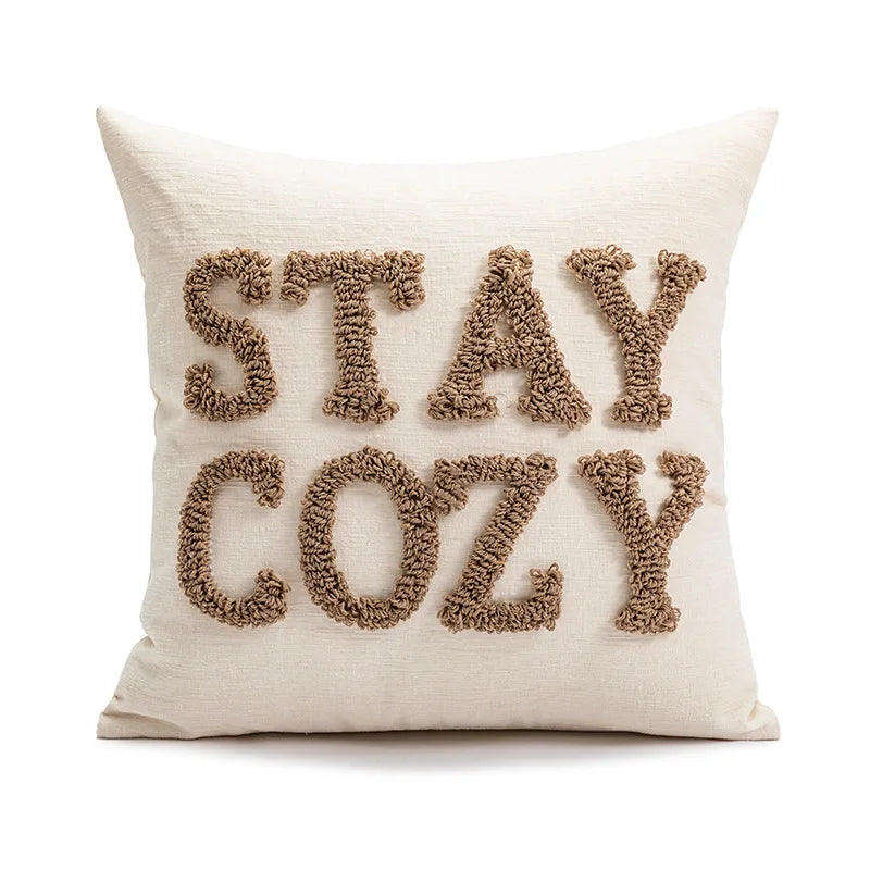 Christmas stay cozy pillow cover, 1PC, featuring raised STAY COZY lettering on a cream background.