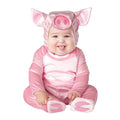 Infant wearing pink pig romper costume with hood, ears, and snout