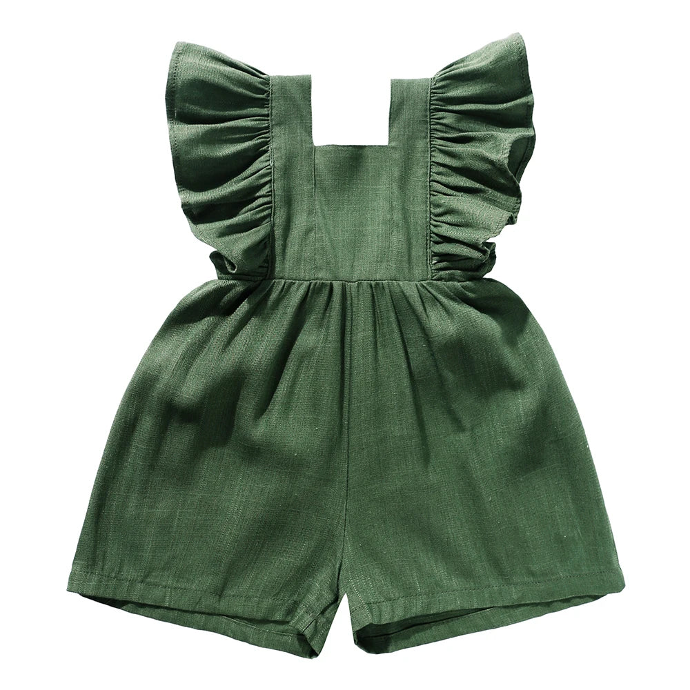 Baby Girls Sleeveless Linen Romper with Ruffles – Summer Jumpsuit
