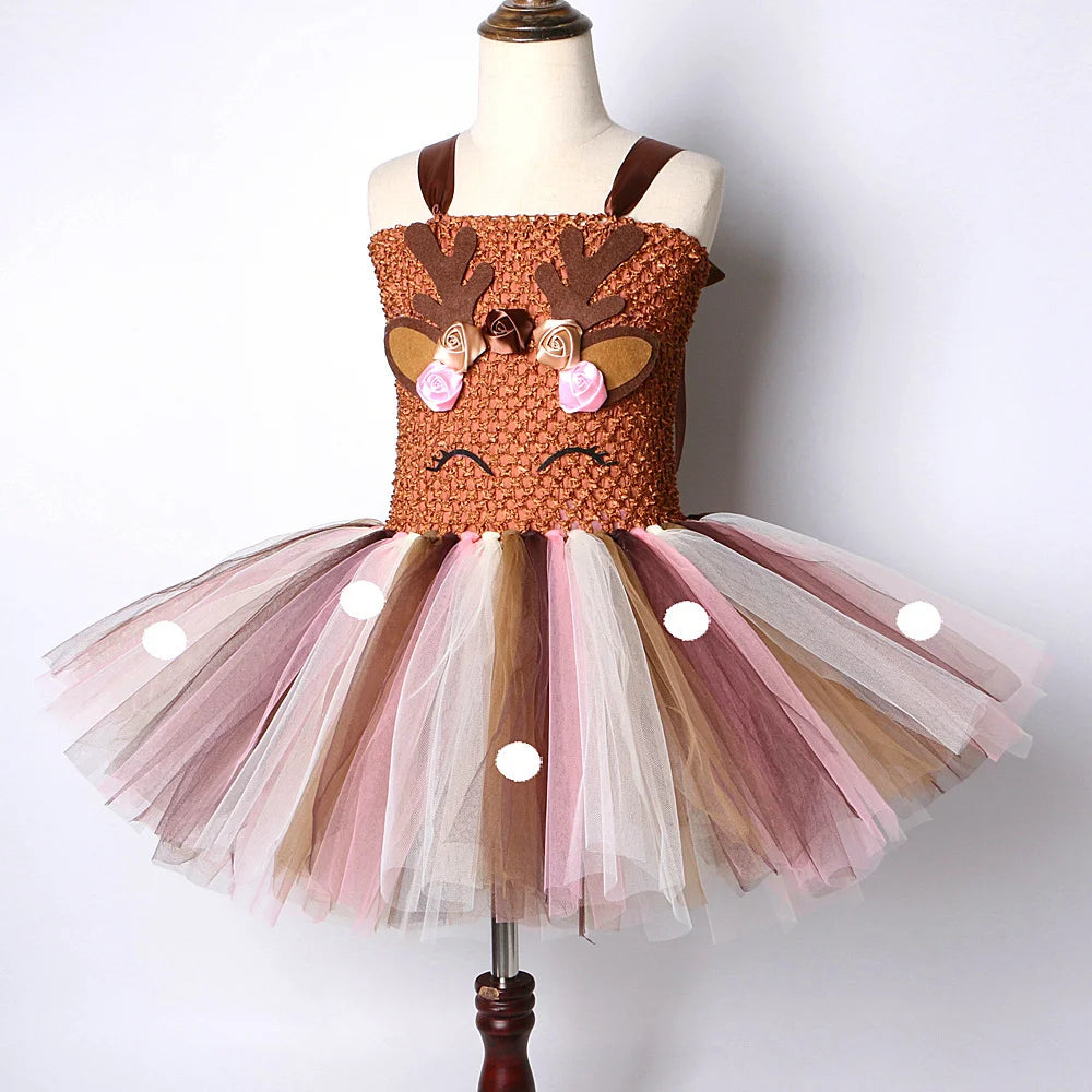 Side view of brown deer tutu dress for girls