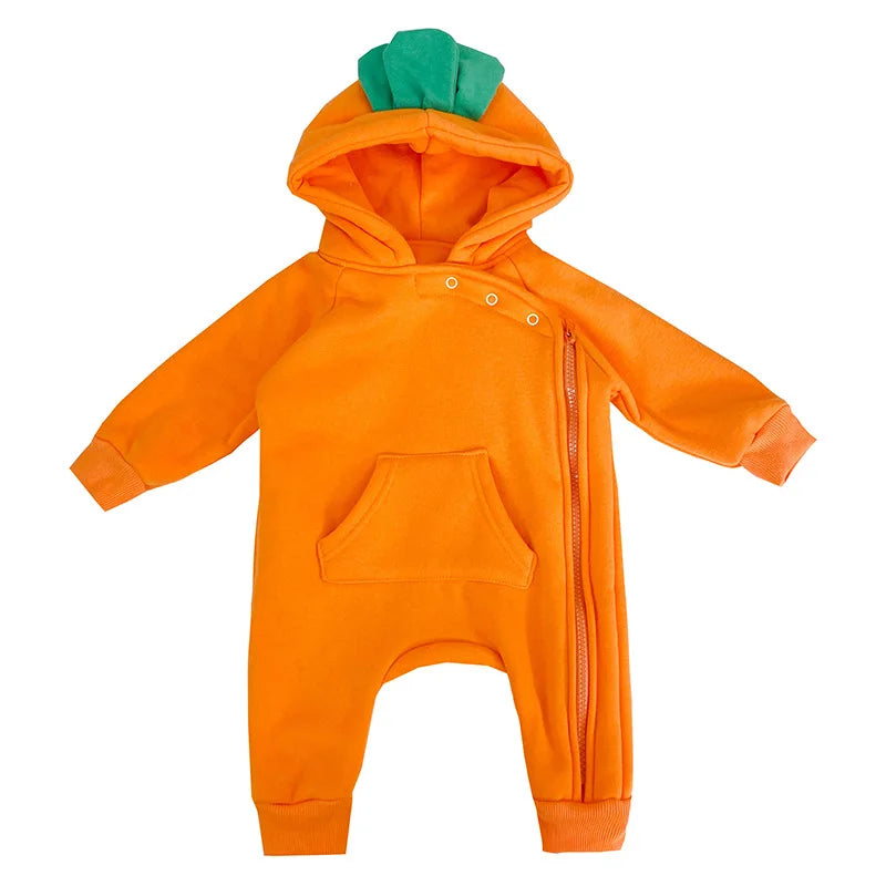 Baby carrot costume jumpsuit with hood and green leaf detail