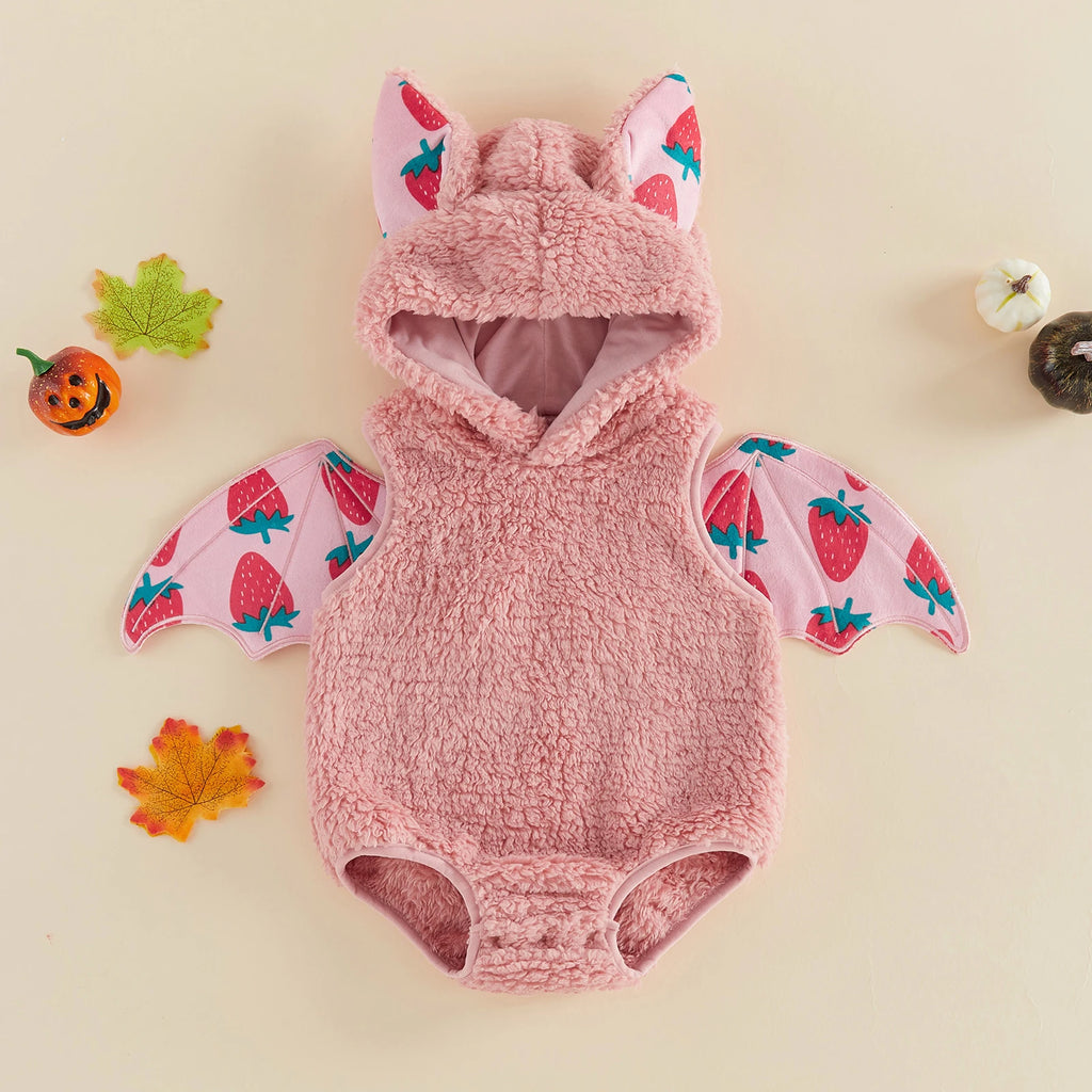 Pink infant romper costume with strawberry bat wings back view