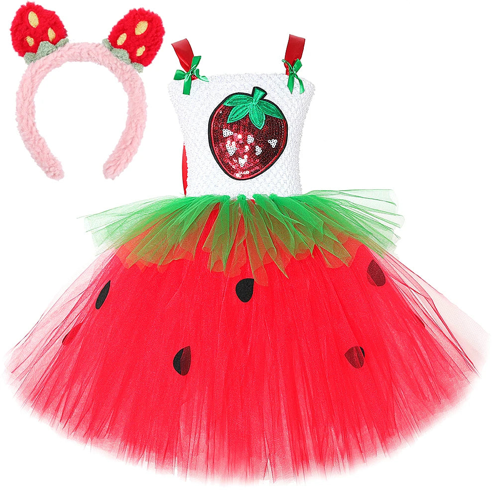 Strawberry tutu dress with strawberry ear headband accessory