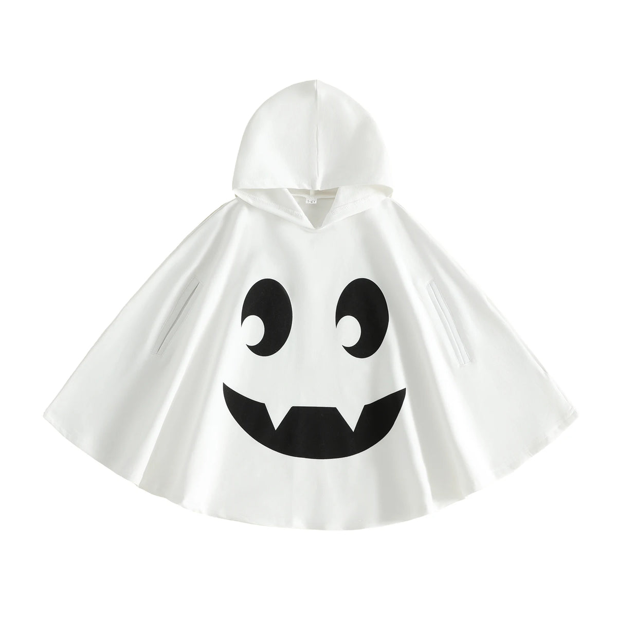 Ghost hooded cape costume in white with smiling face print