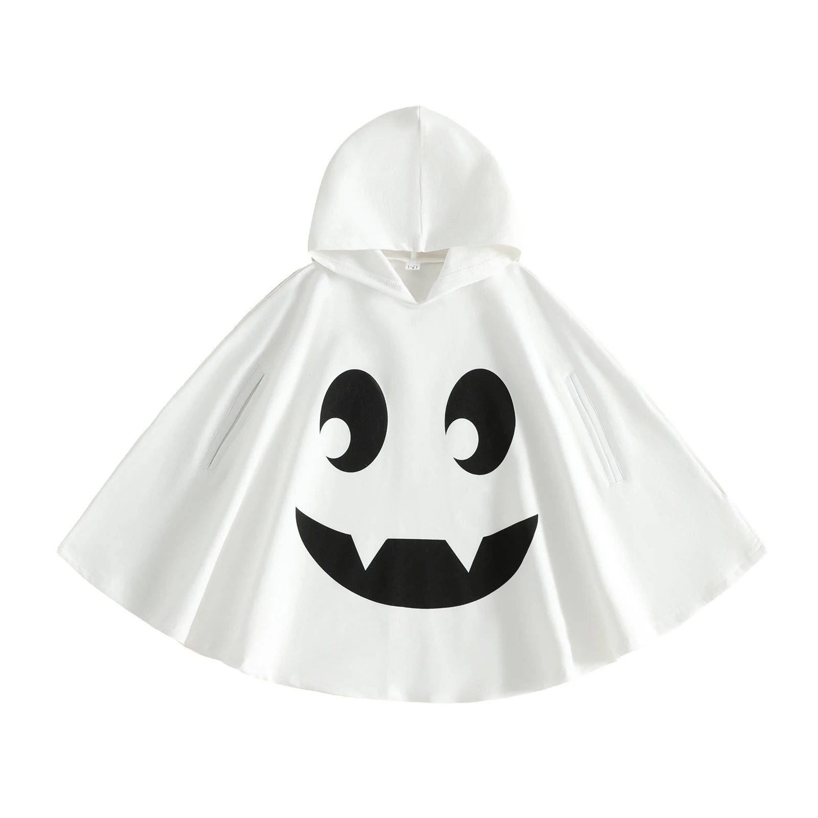 Ghost hooded cape costume in white with smiling face print