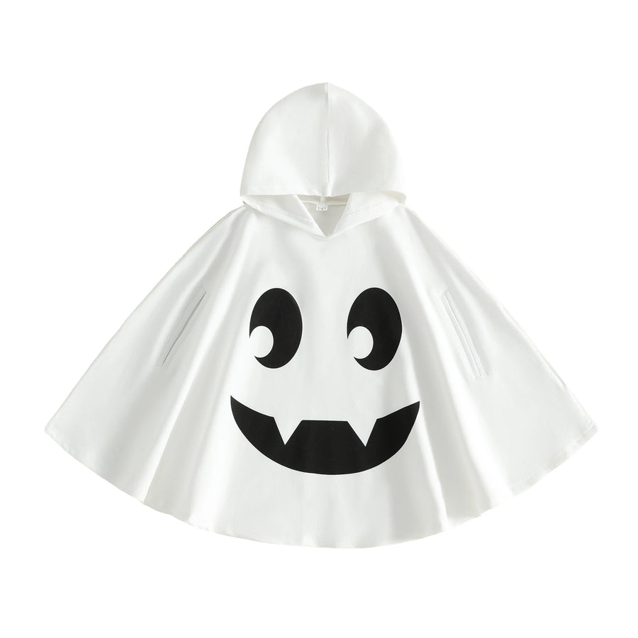 Ghost hooded cape costume in white with smiling face print