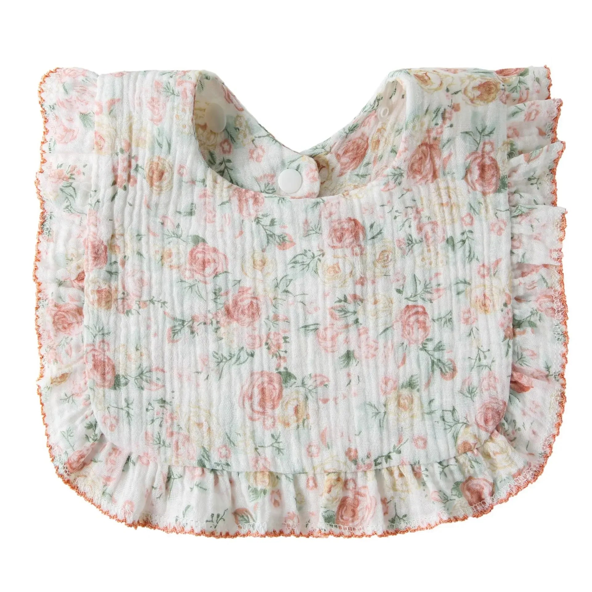 Ruffle Cotton Baby Bib | Girly Feeding & Drool Bib - Pink flowers