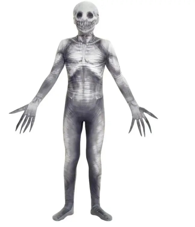 Zombie jumpsuit costume with gray skin texture and elongated fingers