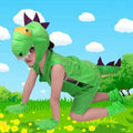 Child wearing green dinosaur costume set with vest, shorts, hooded hat, gloves, and shoe covers