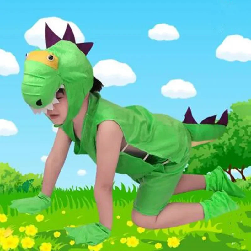 Child wearing green dinosaur costume set with vest, shorts, hooded hat, gloves, and shoe covers