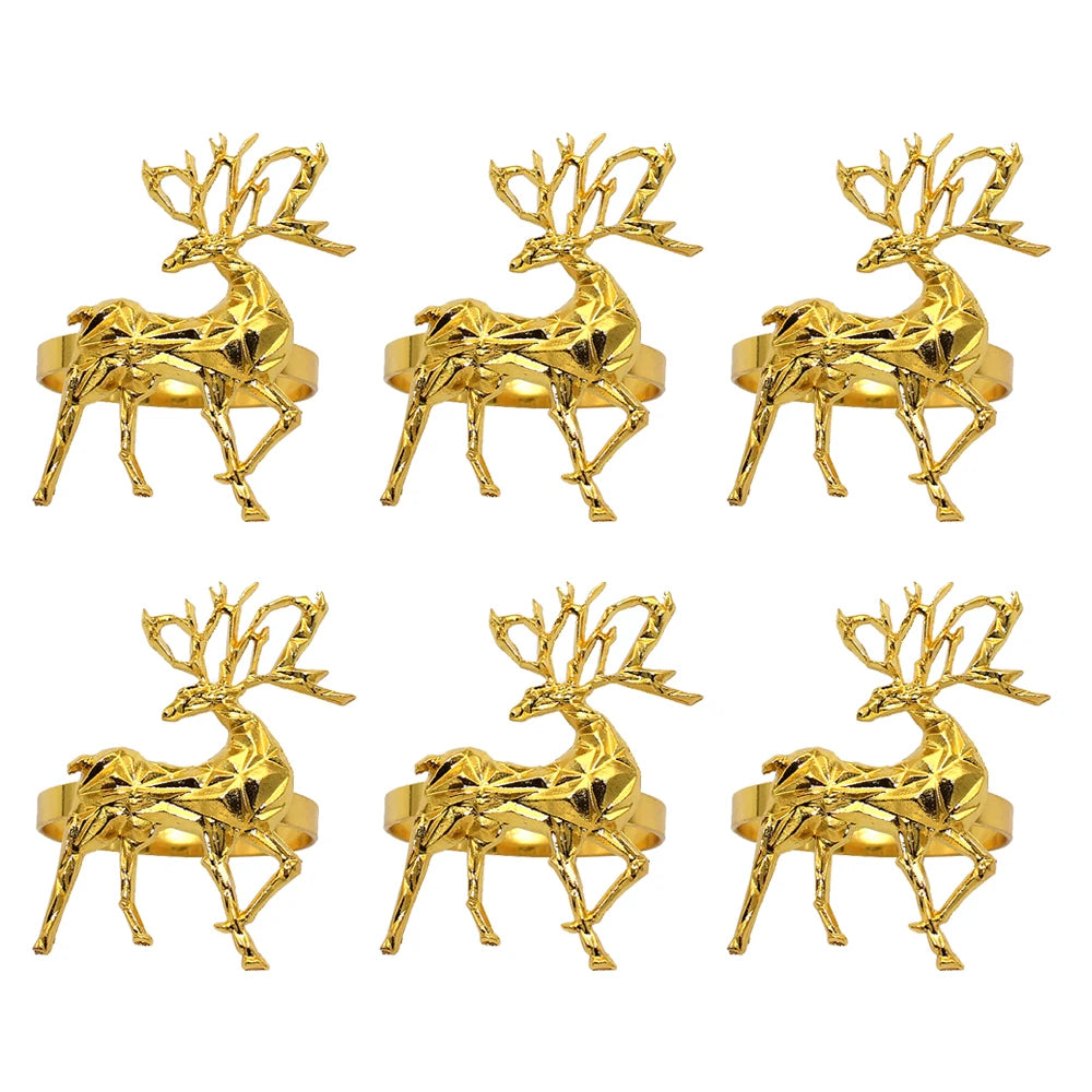 Gold Reindeer Napkin Rings — Set of 6. A standing gold-tone reindeer with antlers.