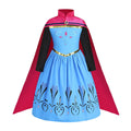 Blue and pink princess dress costume with floral patterns and attached cape