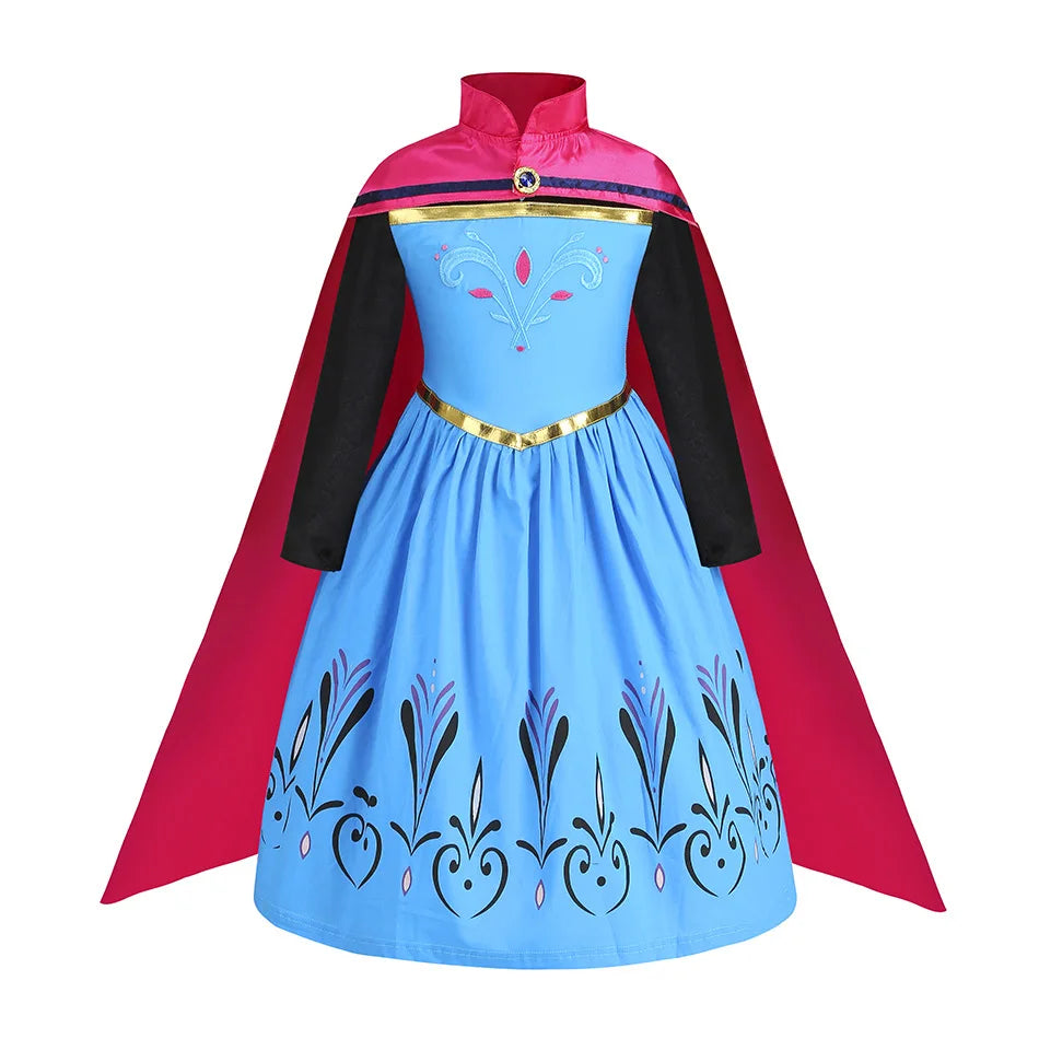 Blue and pink princess dress costume with floral patterns and attached cape