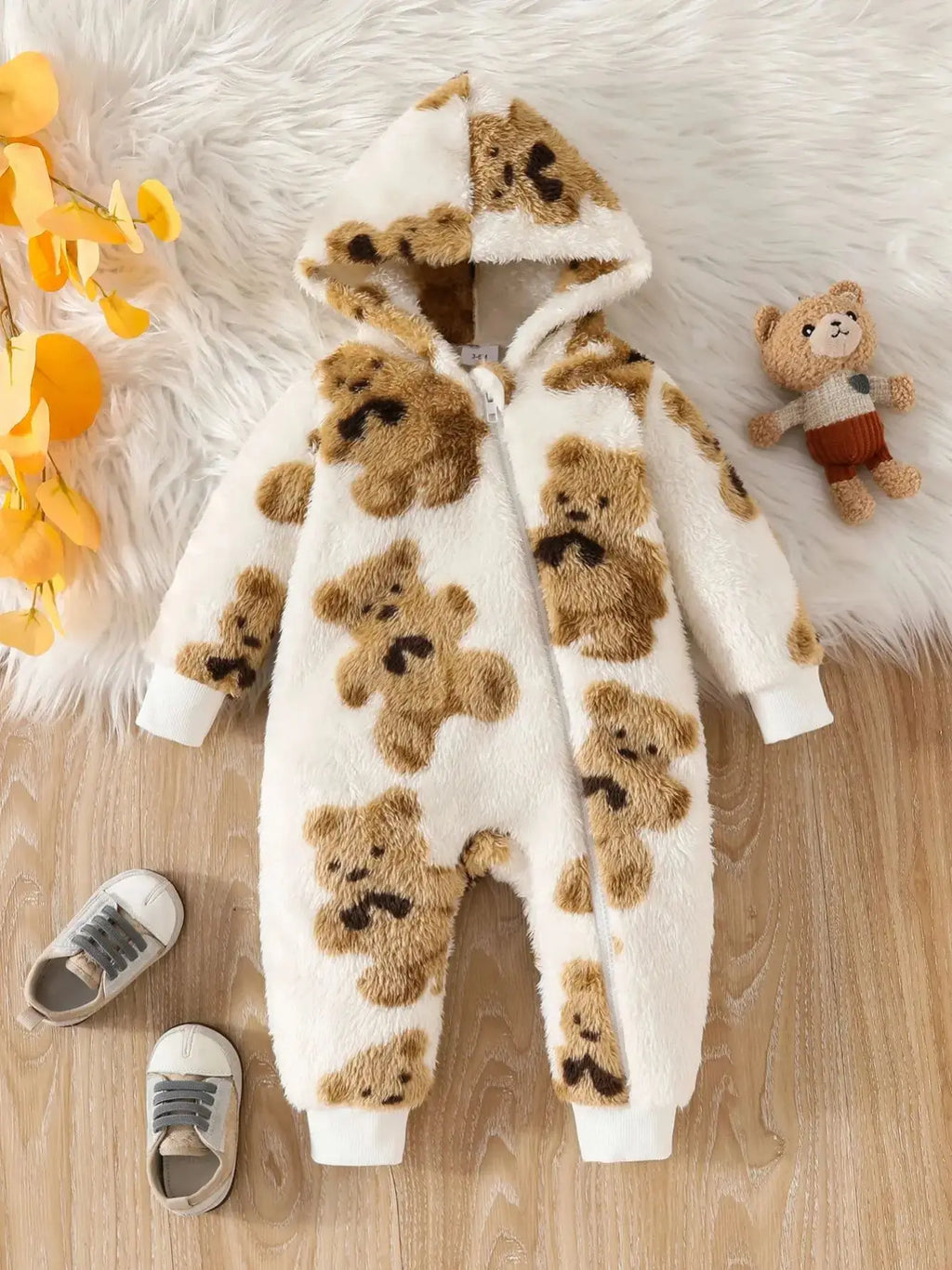 Fluffy teddy bear printed romper for baby girls