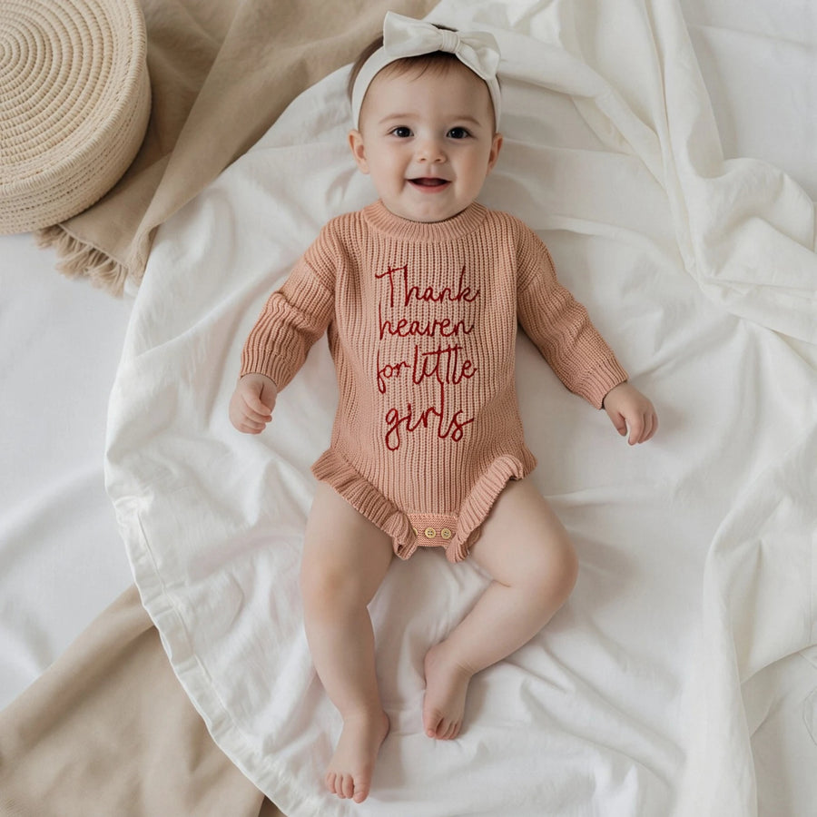 Lovely Baby Sweater Romper with Letter Embroidery and Ruffles