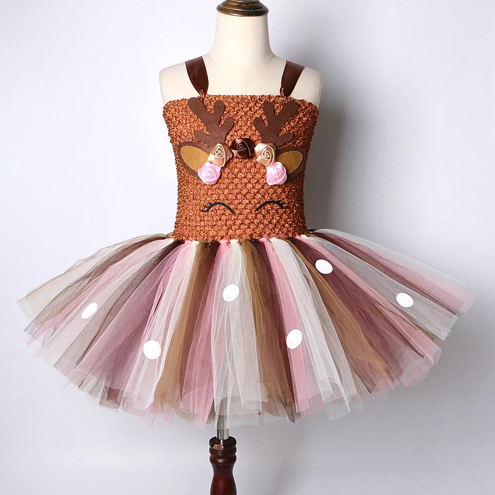 Close-up of brown deer tutu dress details