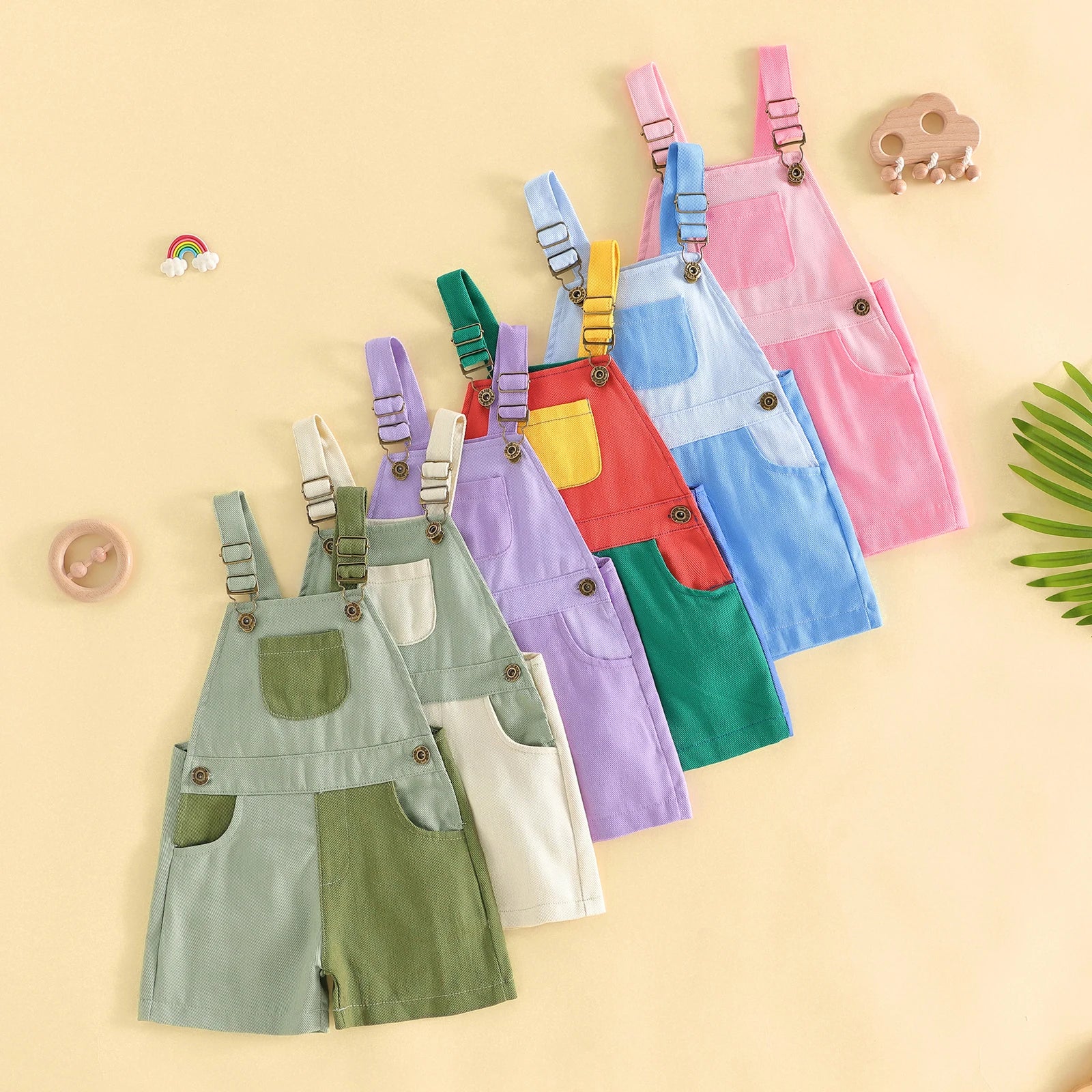 Six colorblock overall shorts arranged together