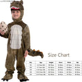 Child wearing green dinosaur hooded romper costume with tail and foot coverings
