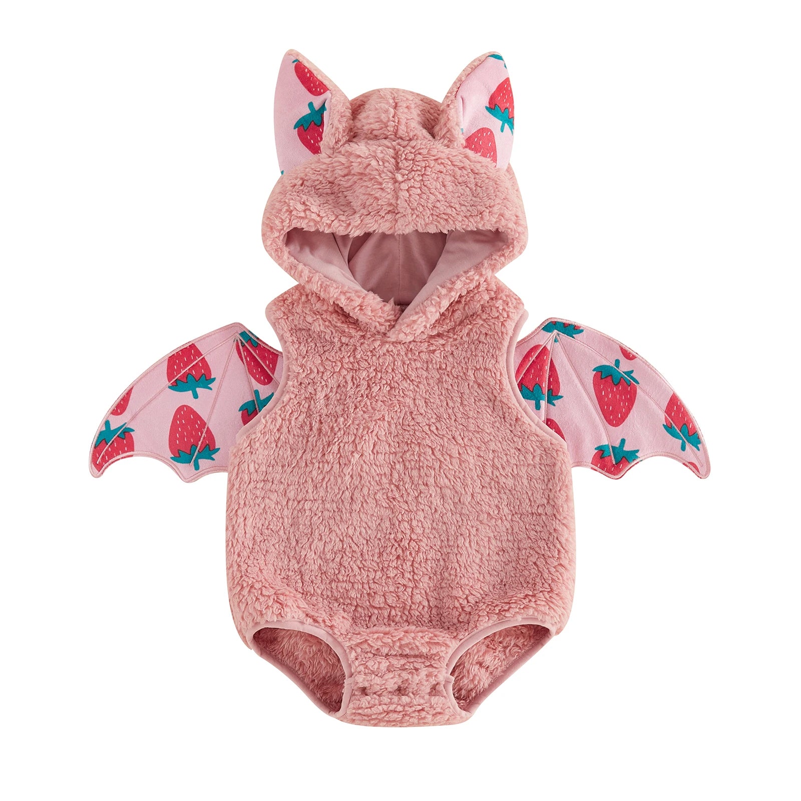 Pink infant romper costume with strawberry bat wings and hood with ears
