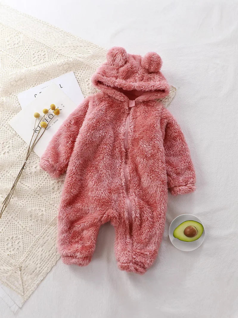 Baby Wearing Plush Bear Hooded Romper Outdoors