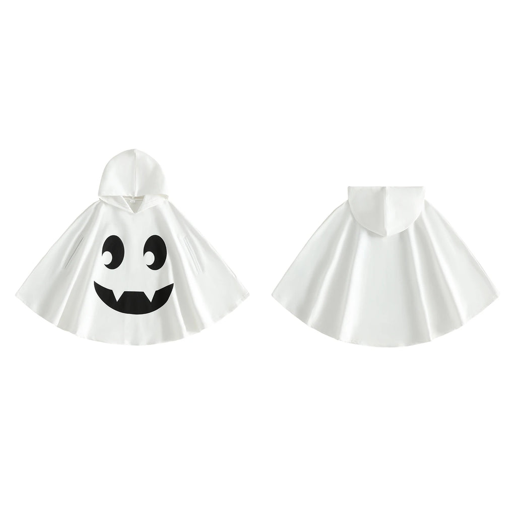 Back view of white ghost hooded cape costume