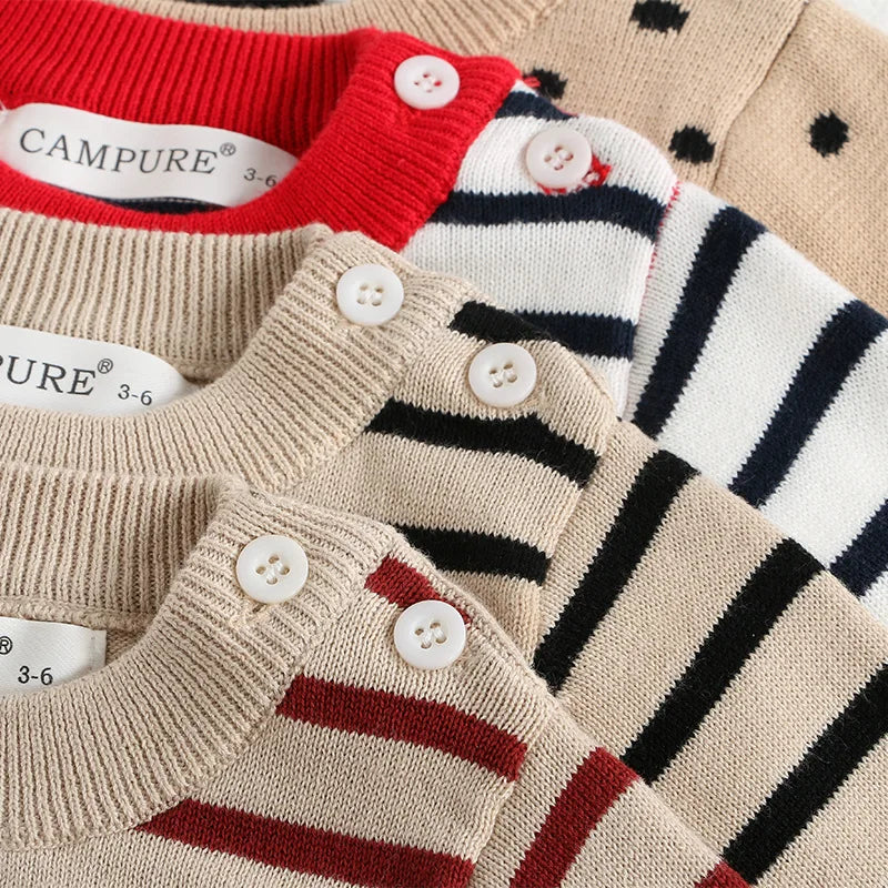 Classic Striped Baby Sweatshirt with Shoulder Buckle in red stripe