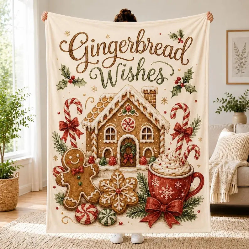 Cream throw blanket with Gingerbread Wishes lettering above a gingerbread house, cookies, candy canes, and a red cocoa mug.