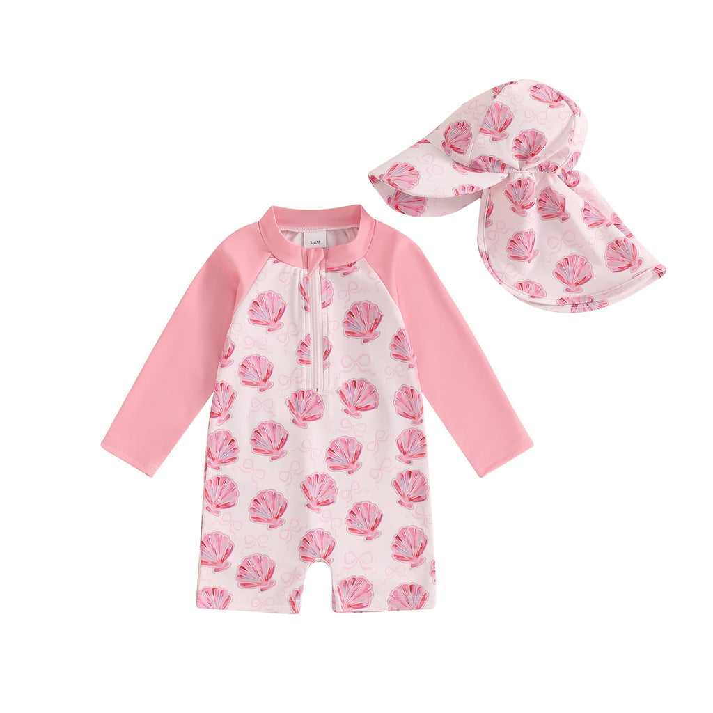 Floral Zip-Up Swimwear Set with Hat for Toddlers