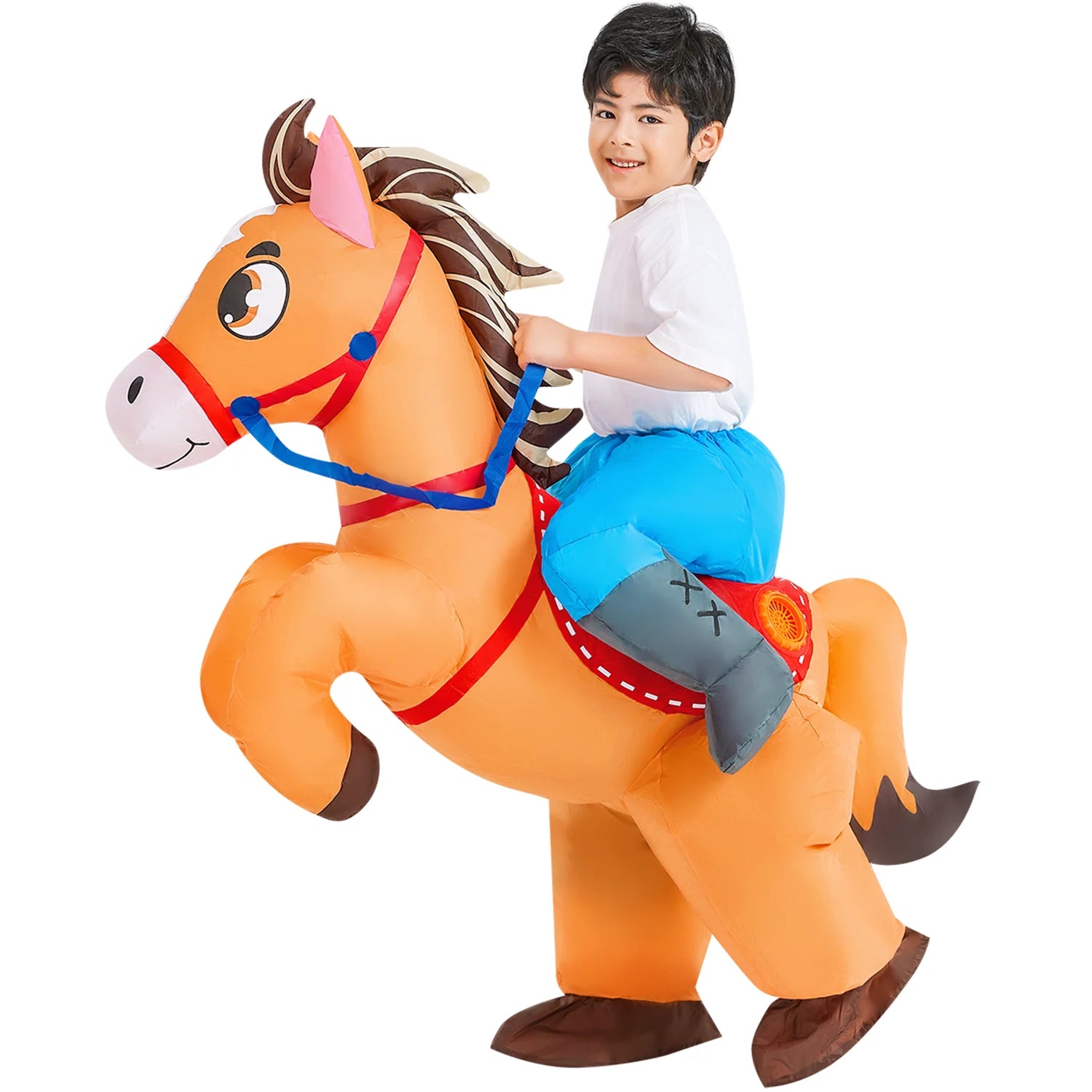 Child wearing an inflatable horse rider costume with orange horse and blue pants