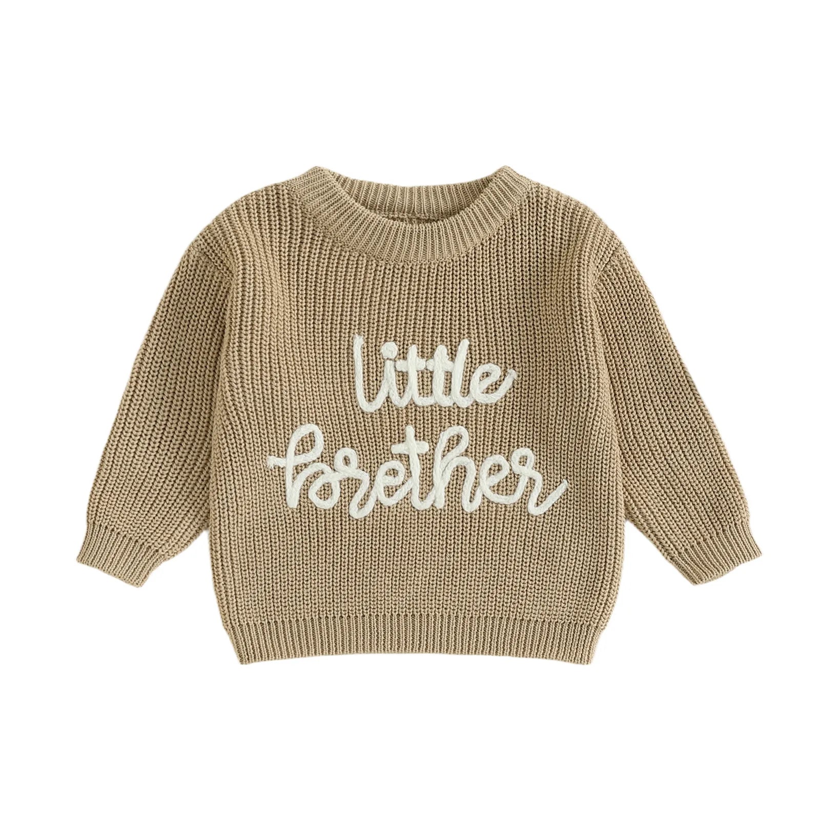 Baby boy autumn winter sweater with letter embroidery knit jumper top in khaki color
