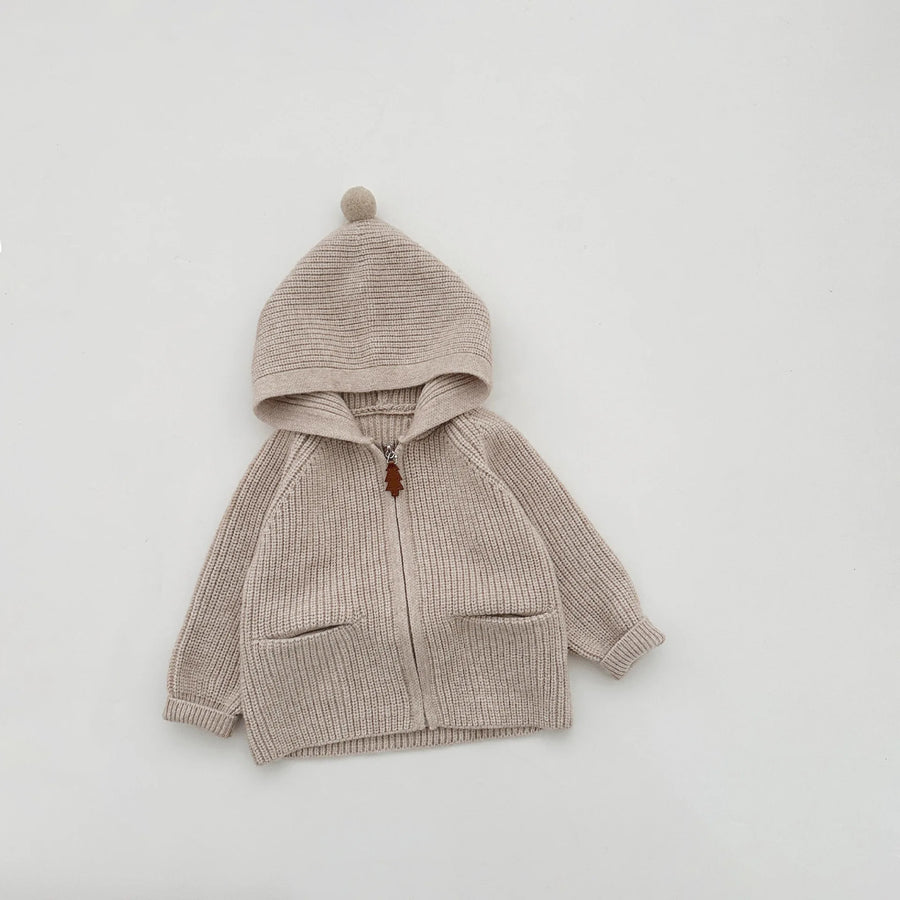 Green warm knit hooded coat for kids