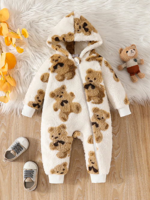 Fluffy teddy bear printed romper for baby girls