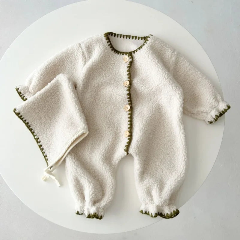 Baby Wearing White Lamb Wool Winter Romper with Hat