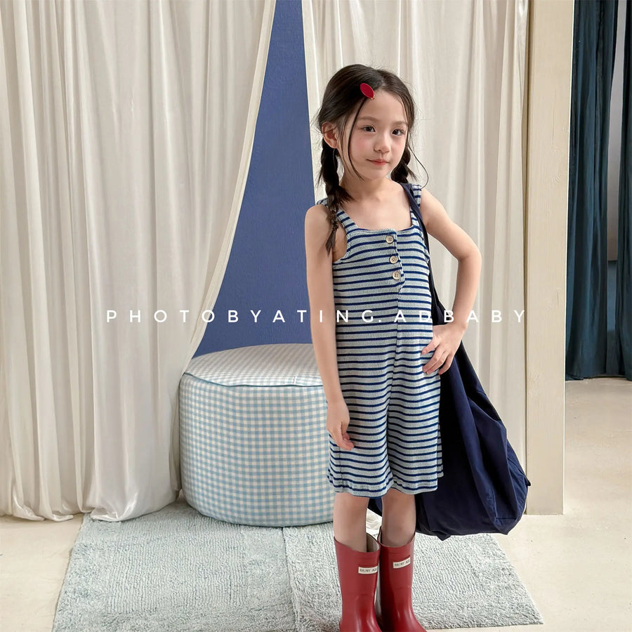 Summer Children Loose Overalls Girls Sling Jumpsuit Cotton Boys Thin Striped Strap Shorts Clothes