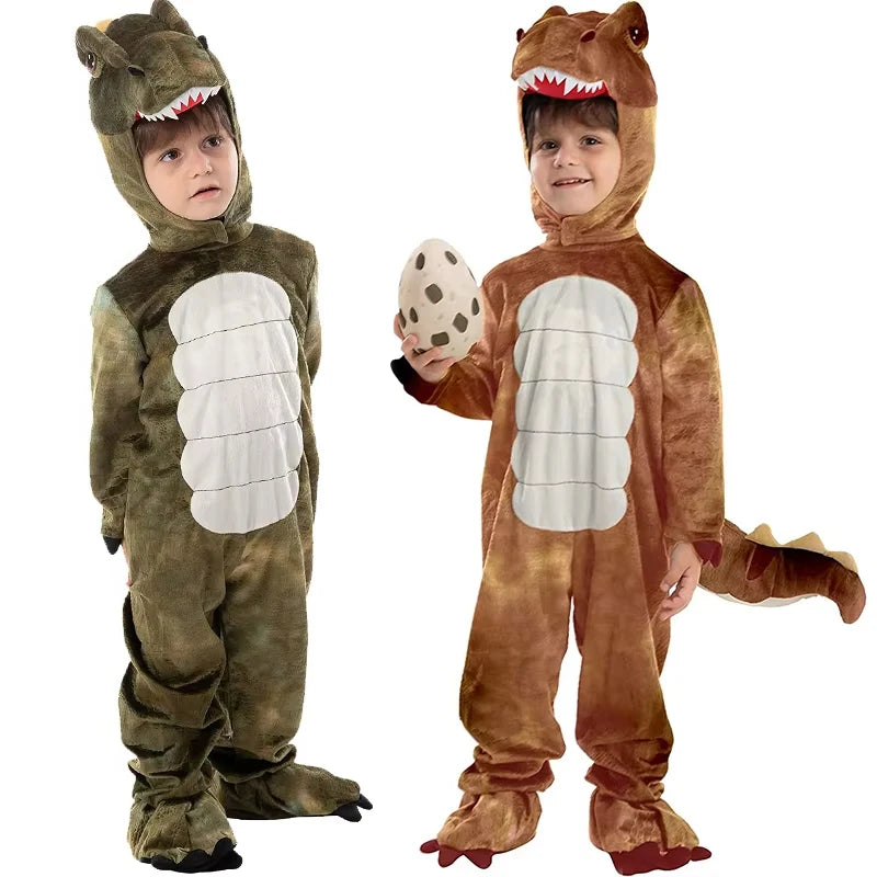 Two children wearing green and brown dinosaur hooded romper costumes