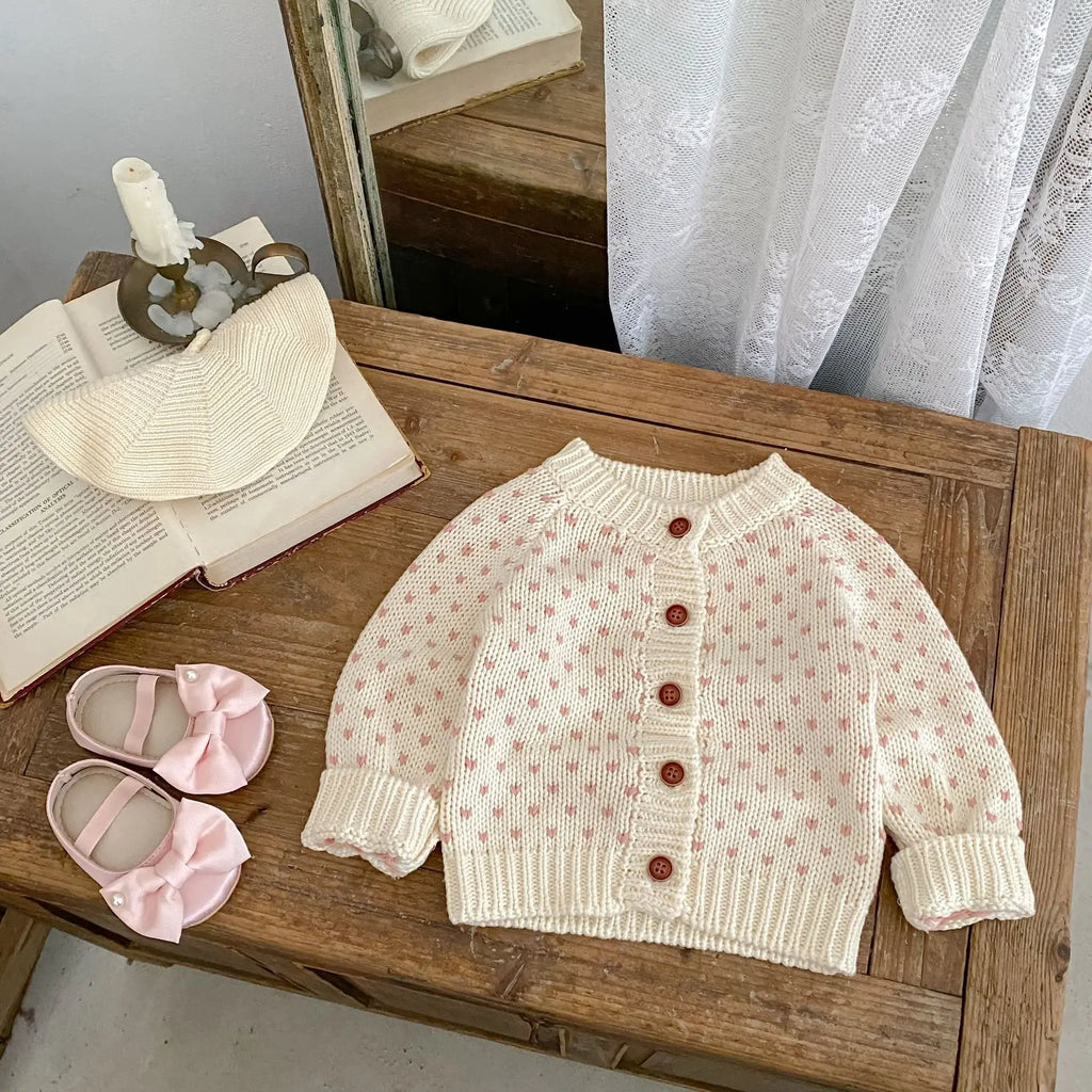 Heart Print Baby Girl Sweater Cardigan Long Sleeve Knit Top Warm Knitwear Coat