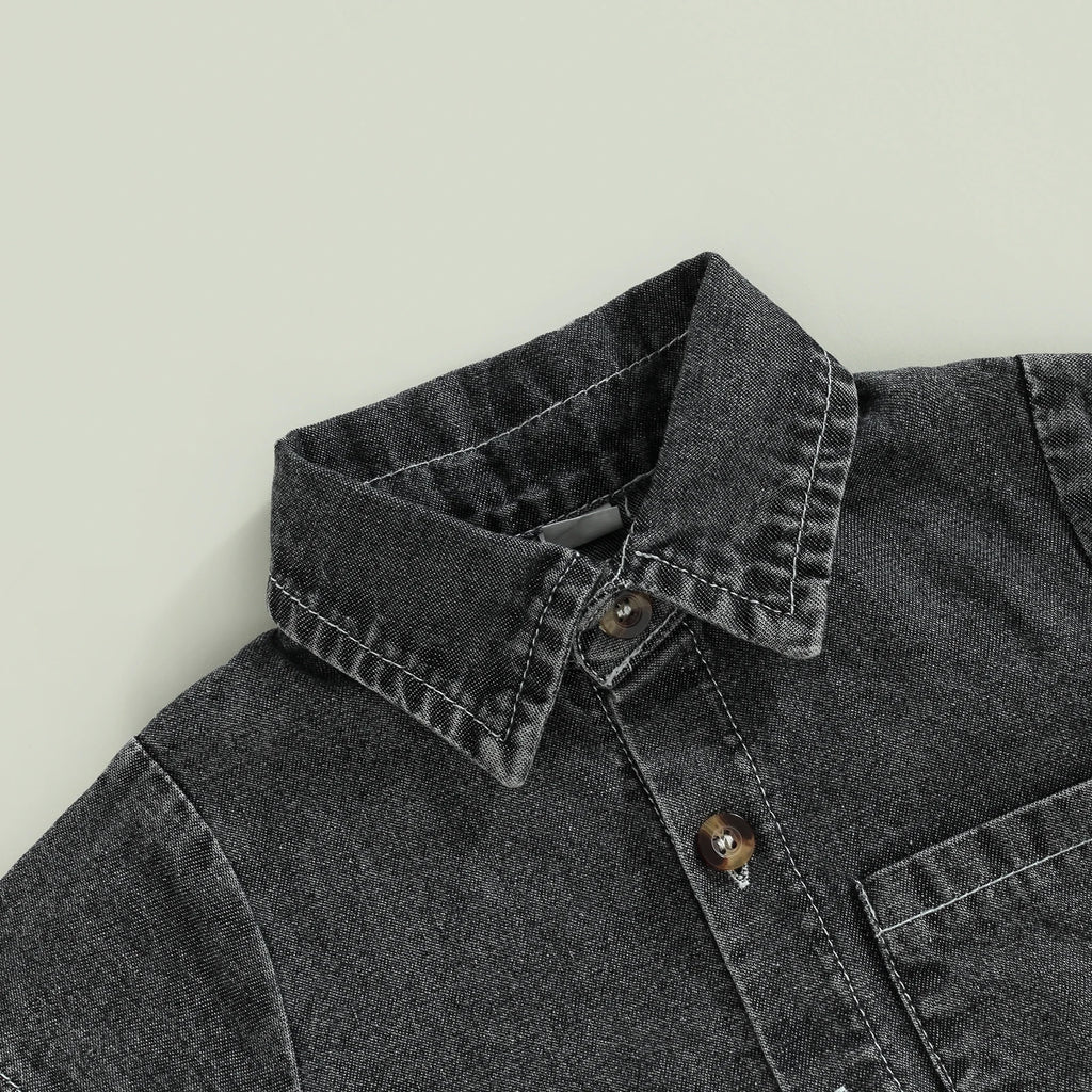 Denim Short Sleeve Baby Romper in Black