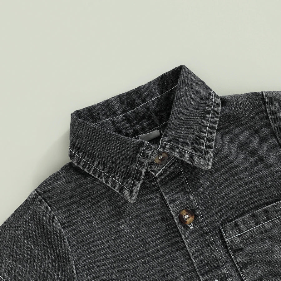 Denim Short Sleeve Baby Romper in Black