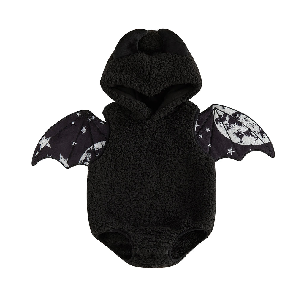 Black infant romper costume with starry sky bat wings and hood with ears