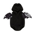 Black infant romper costume with starry sky bat wings and hood with ears