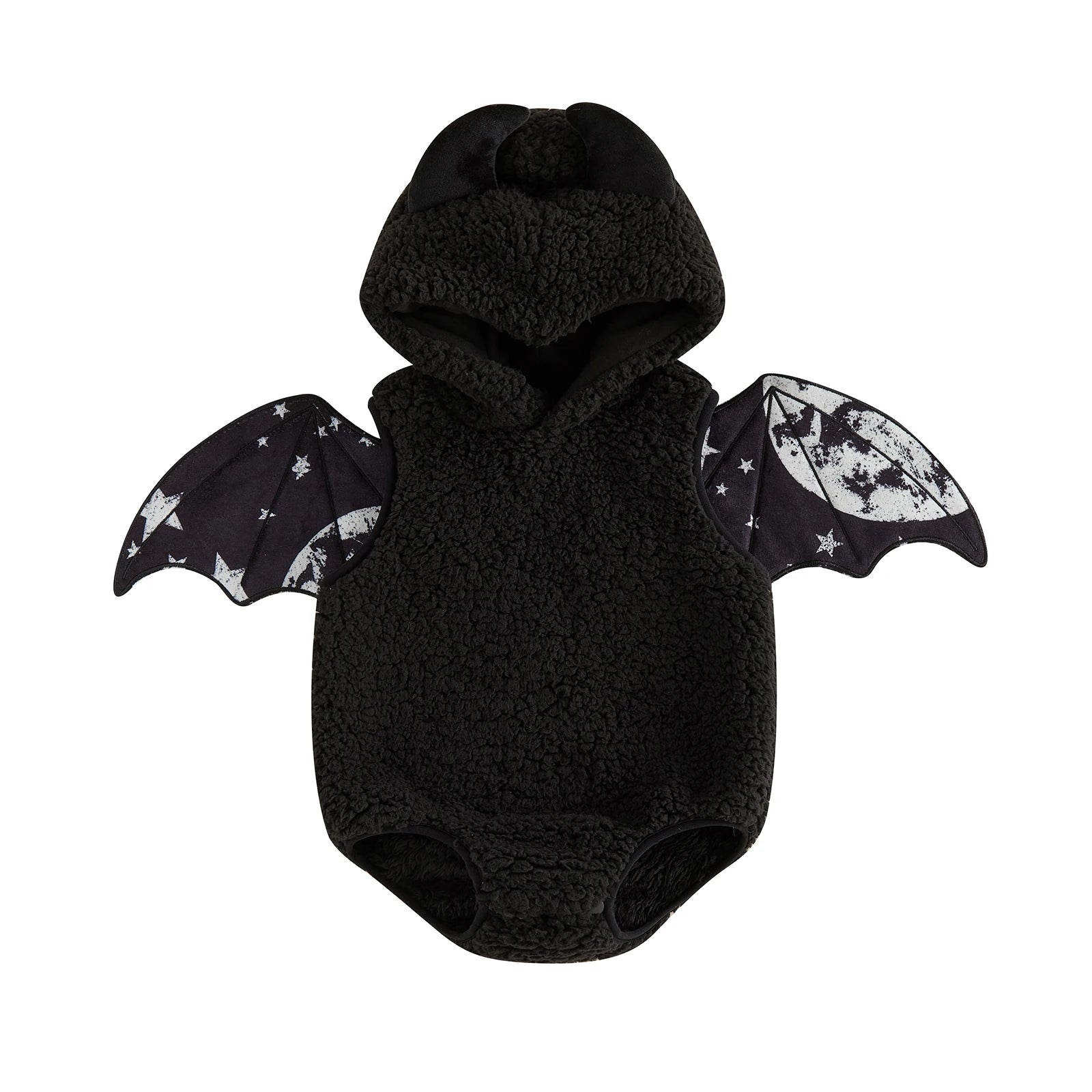 Black infant romper costume with starry sky bat wings and hood with ears