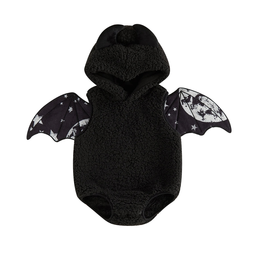 Black infant romper costume with starry sky bat wings and hood with ears