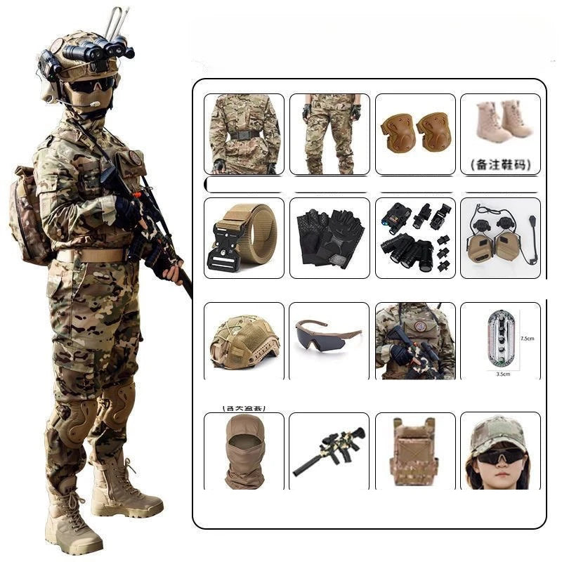 Child wearing tactical camouflage military costume set with full accessories including helmet and tactical gear