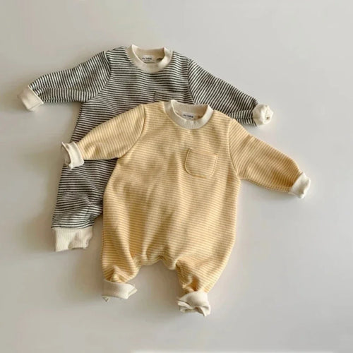 Striped Long Sleeve Baby Romper in Black and Yellow
