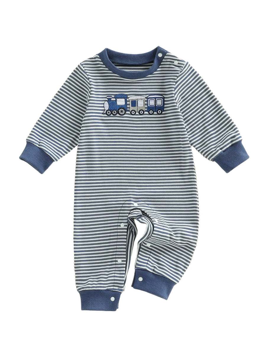 Striped Train Embroidery Romper side view