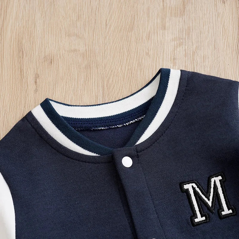 Back view of Blue Baseball Embroidered Baby Romper